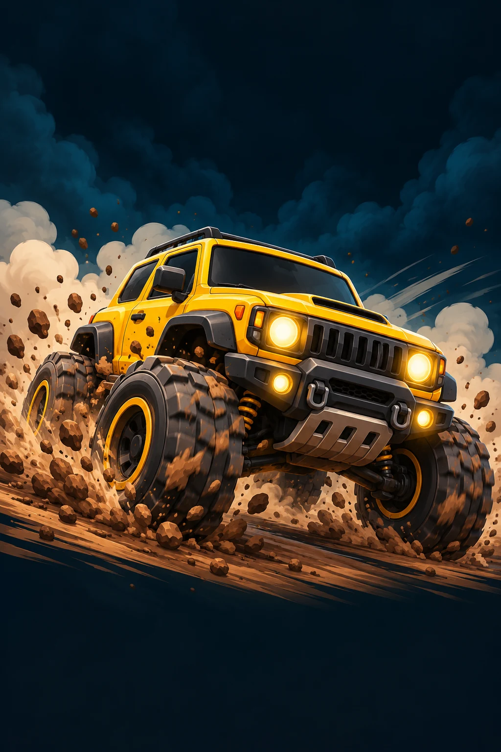 Yellow 4WD charging through smoke and flying dirt with headlights on
